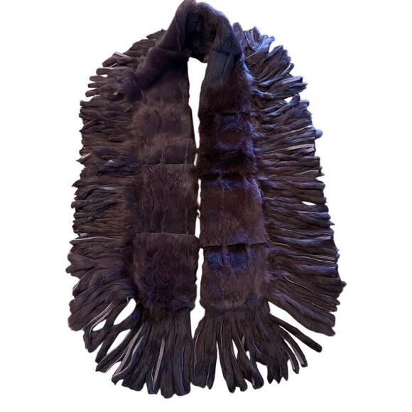 Aubergine Eggplant Purple Rabbit Fur Scarf Fringe Stunning 48" - Picture 2 of 6